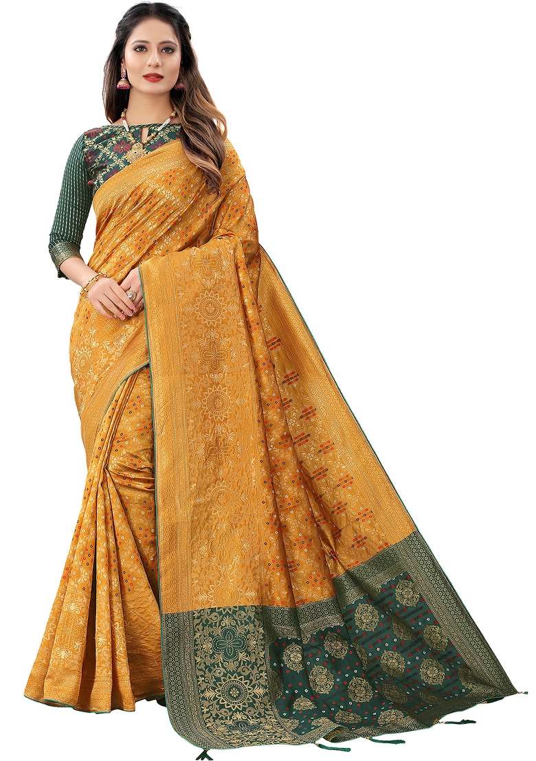 Yellow Motif Silk Blend Saree Set - Indya