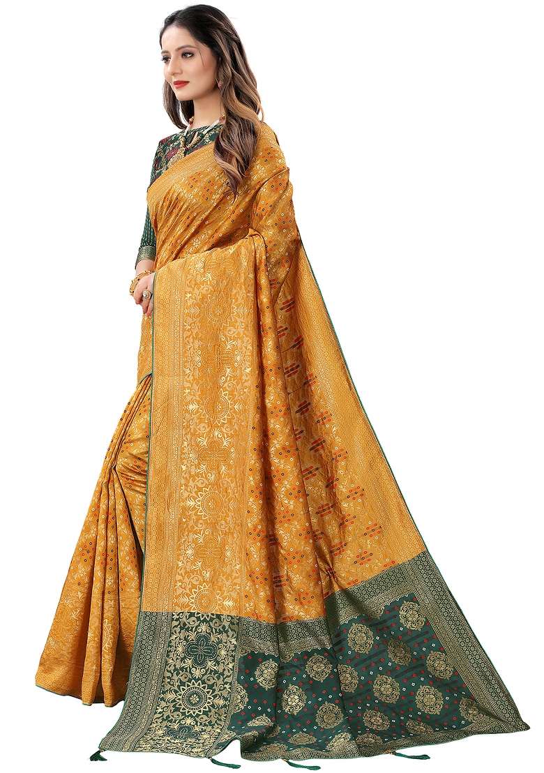 Yellow Motif Silk Blend Saree Set - Indya