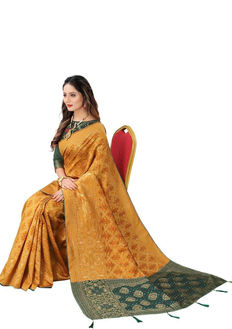 Yellow Motif Silk Blend Saree Set - Indya