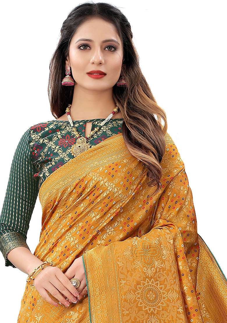 Yellow Motif Silk Blend Saree Set - Indya