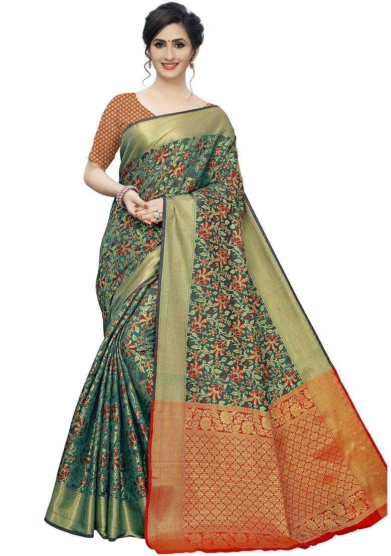 Green Motif Silk Blend Saree Set - Indya