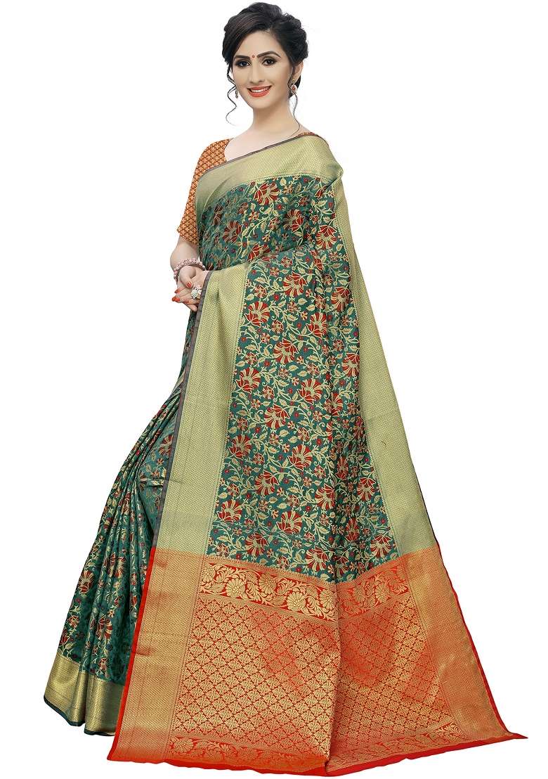 Green Motif Silk Blend Saree Set - Indya