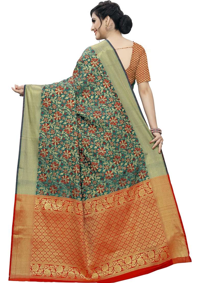 Green Motif Silk Blend Saree Set - Indya