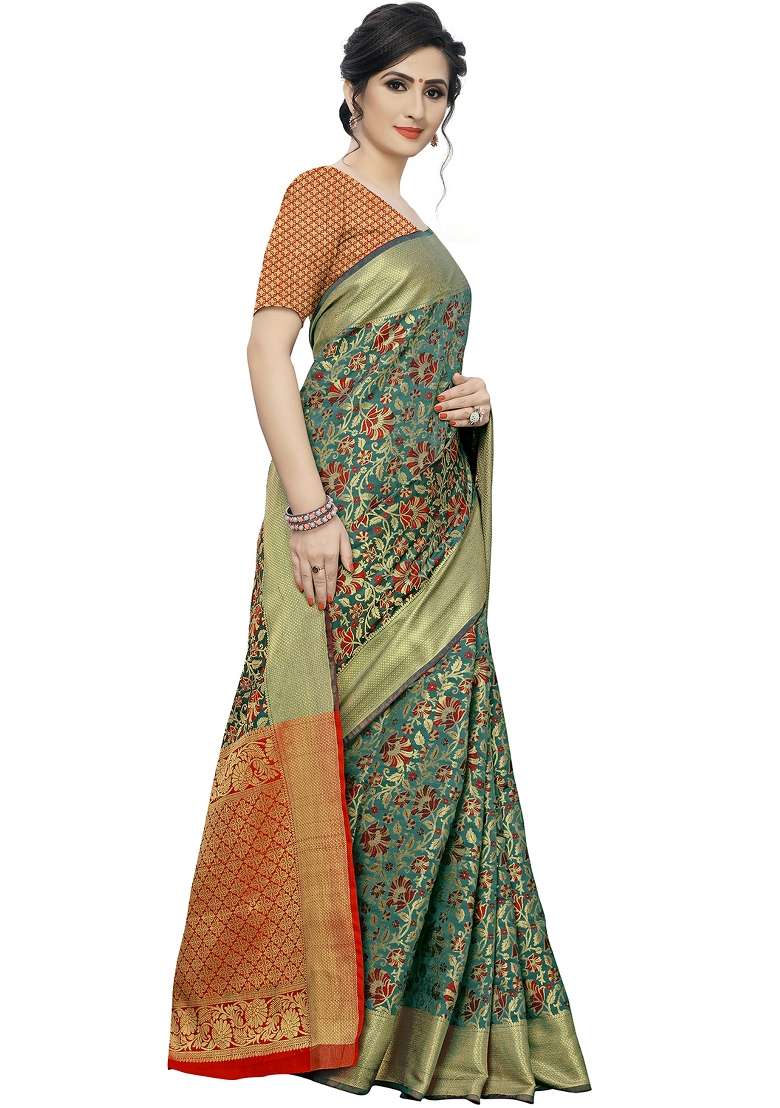 Green Motif Silk Blend Saree Set - Indya