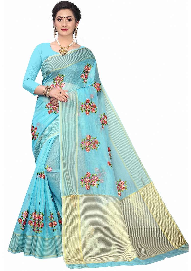 Aqua Blue Motif Net Saree Set - Indya
