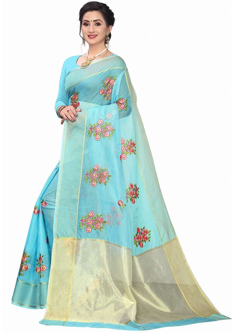 Aqua Blue Motif Net Saree Set - Indya