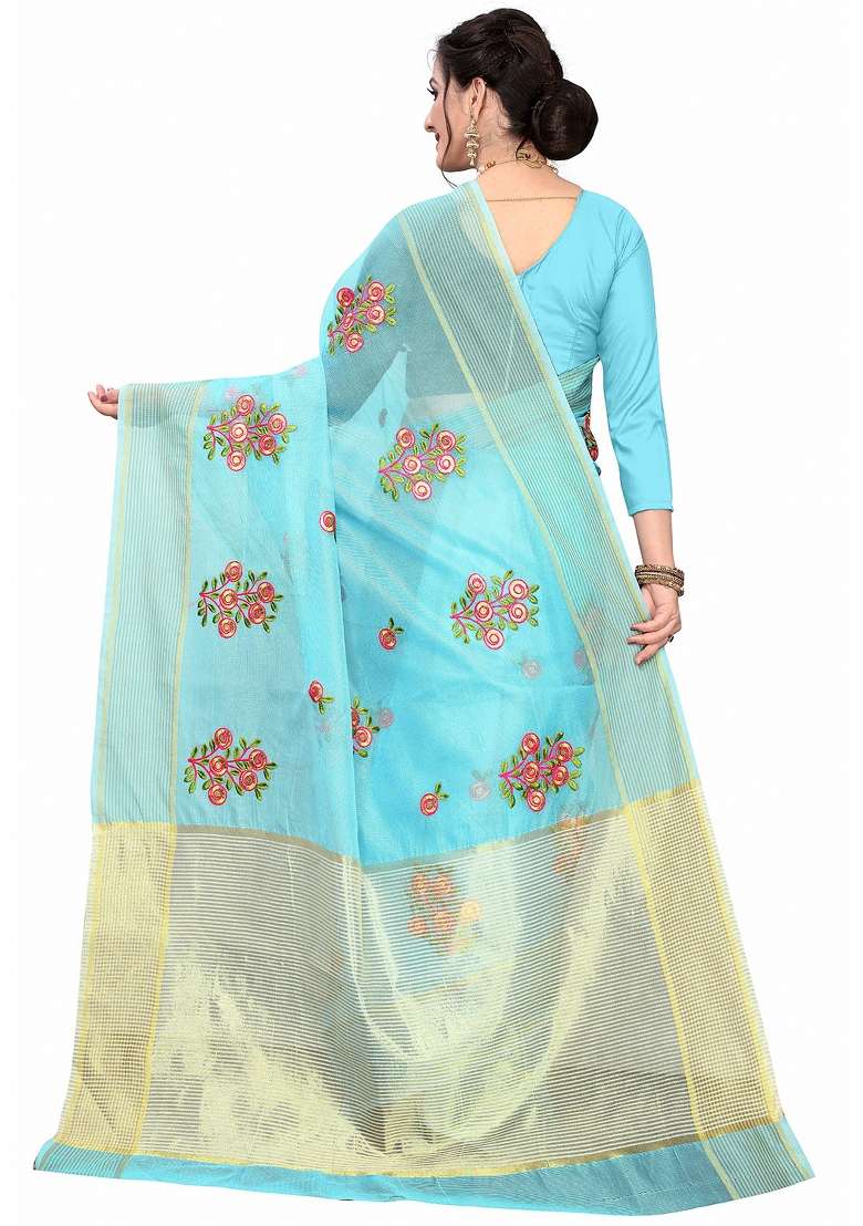Aqua Blue Motif Net Saree Set - Indya