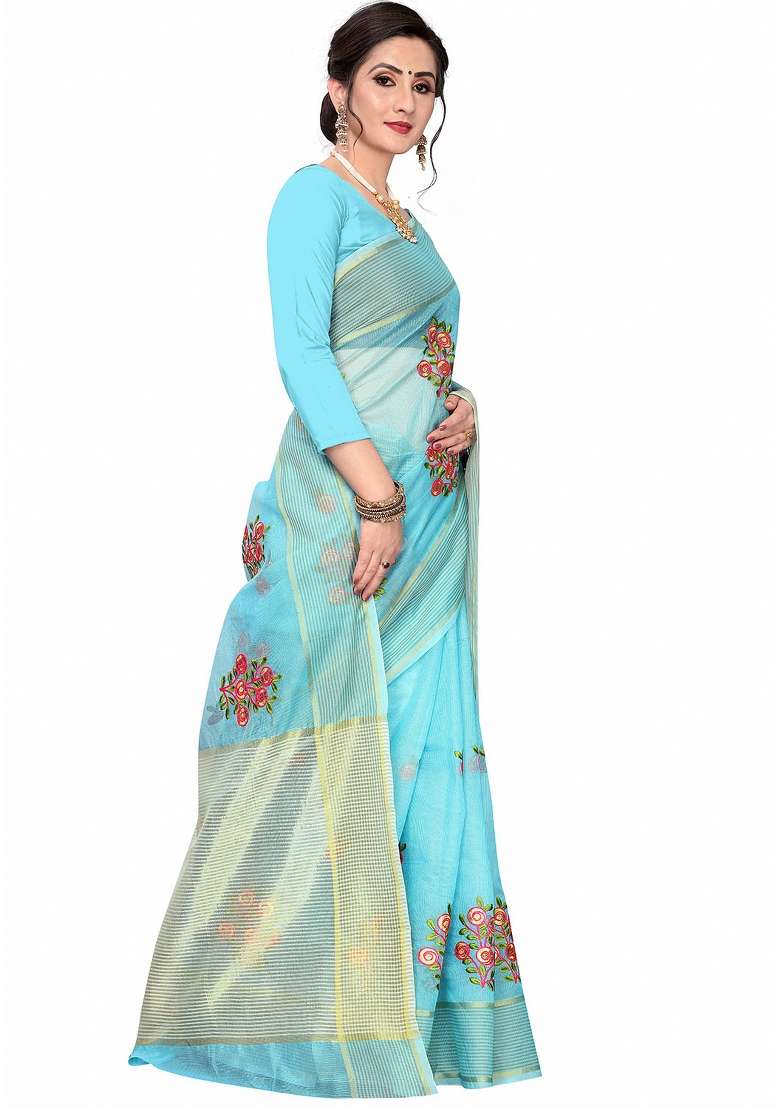 Aqua Blue Motif Net Saree Set - Indya