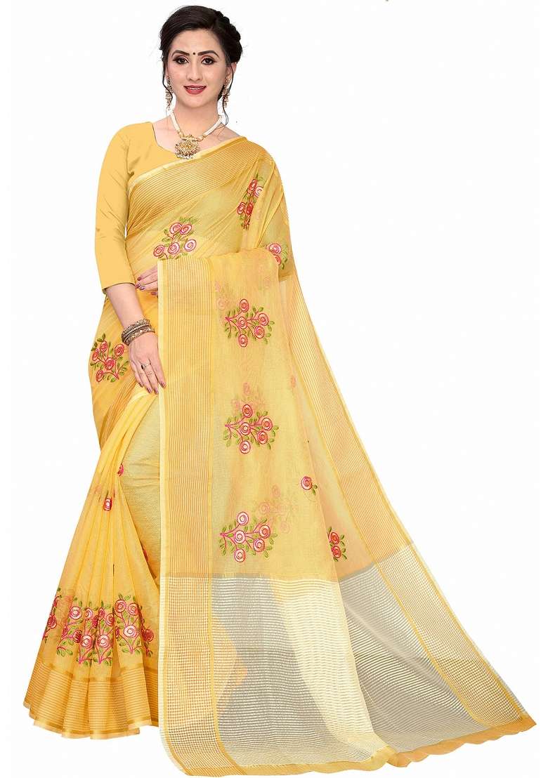 Yellow Motif Net Saree Set - Indya