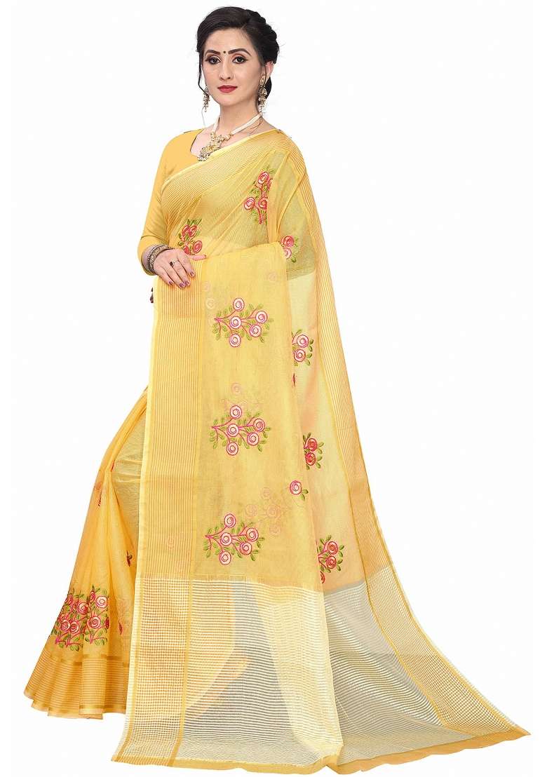 Yellow Motif Net Saree Set - Indya