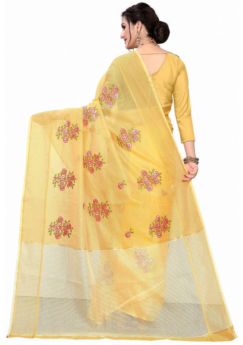 Yellow Motif Net Saree Set - Indya