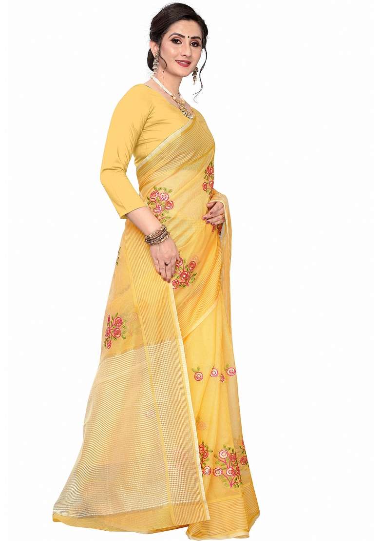 Yellow Motif Net Saree Set - Indya