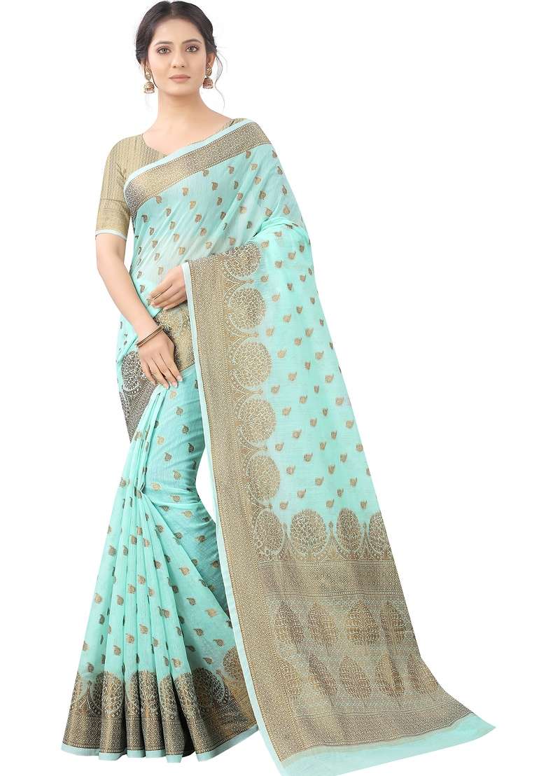 Aqua Blue Motif Silk Blend Saree Set - Indya