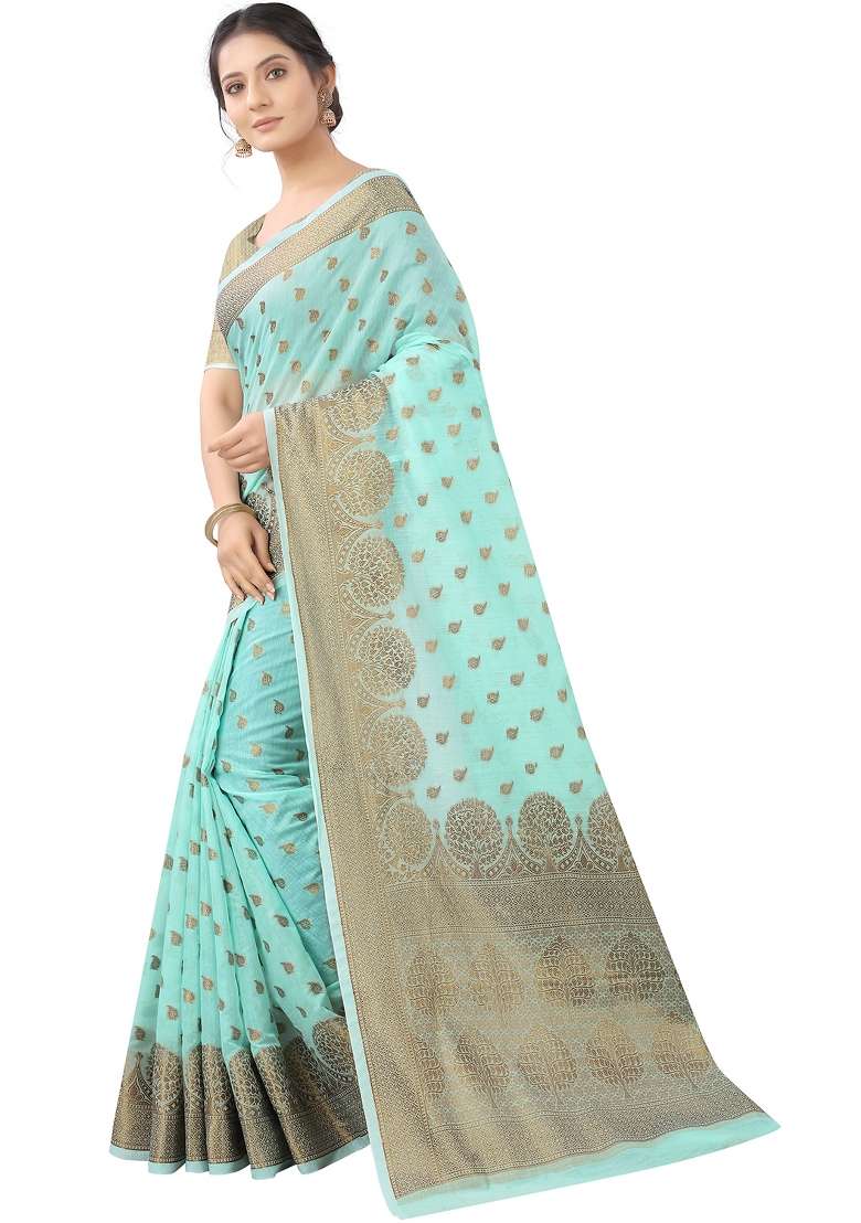 Aqua Blue Motif Silk Blend Saree Set - Indya