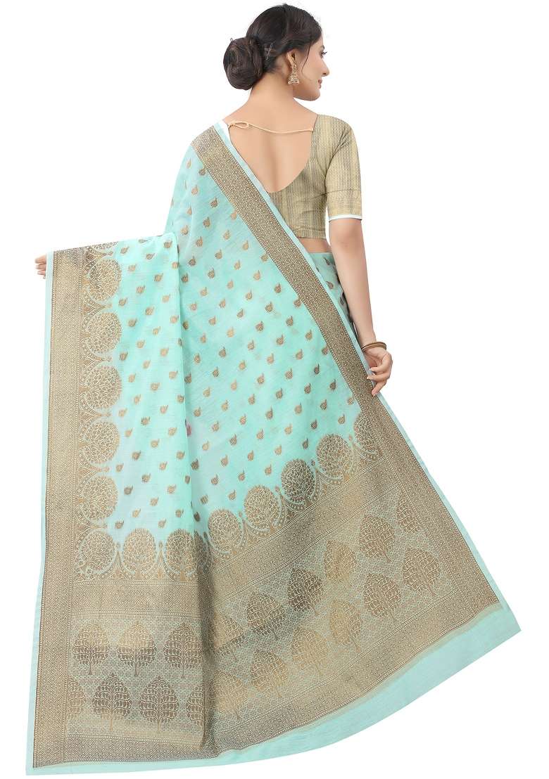 Aqua Blue Motif Silk Blend Saree Set - Indya