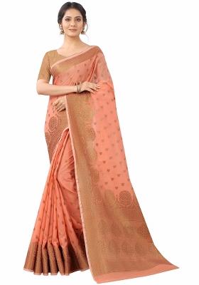 Coral Orange Motif Silk Saree Set