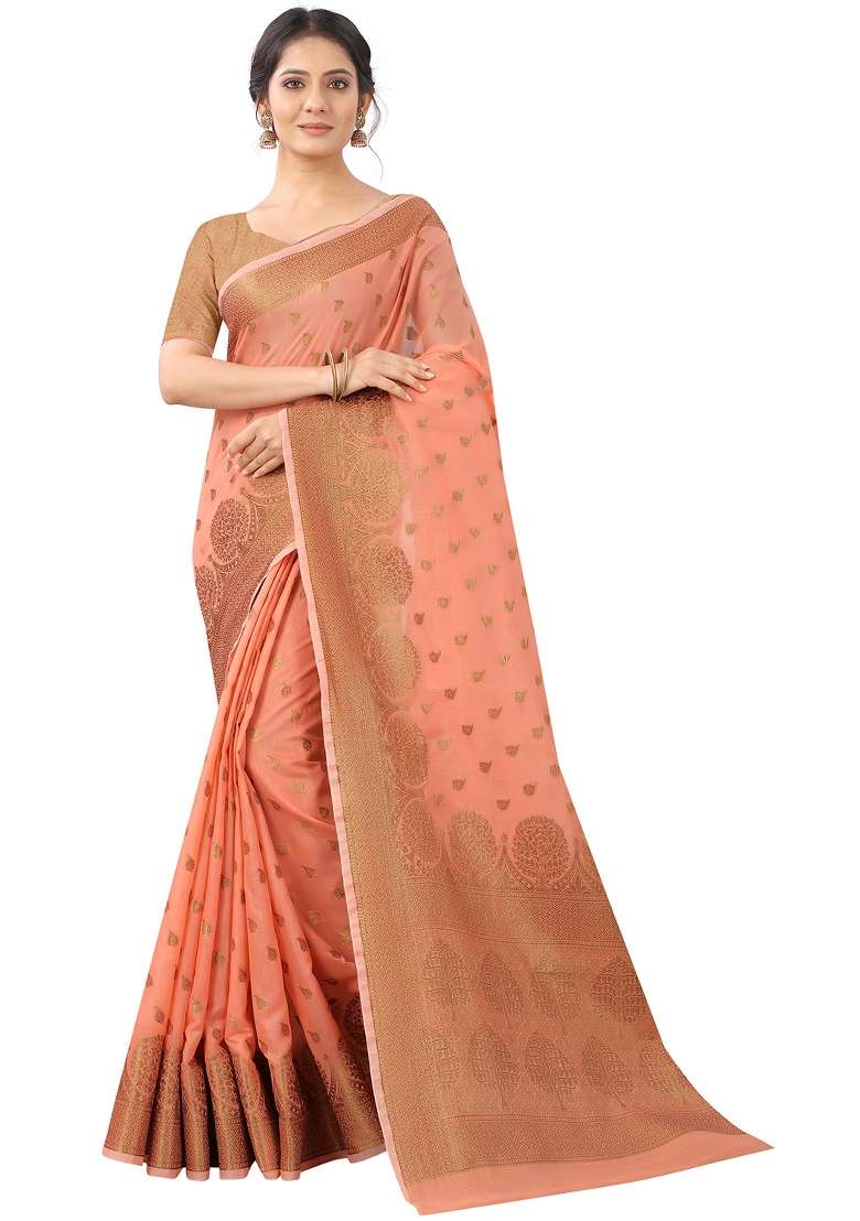 Coral Orange Motif Silk Blend Saree Set - Indya