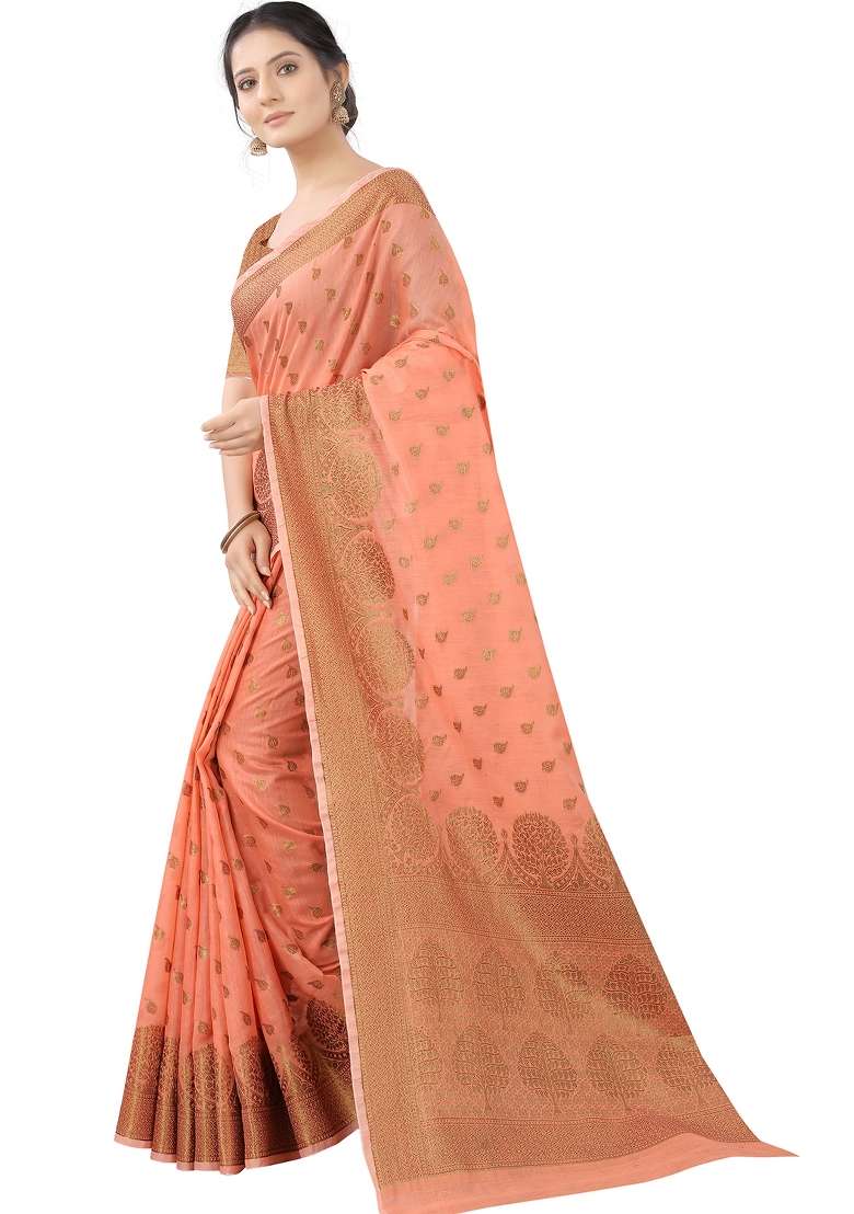Coral Orange Motif Silk Blend Saree Set - Indya