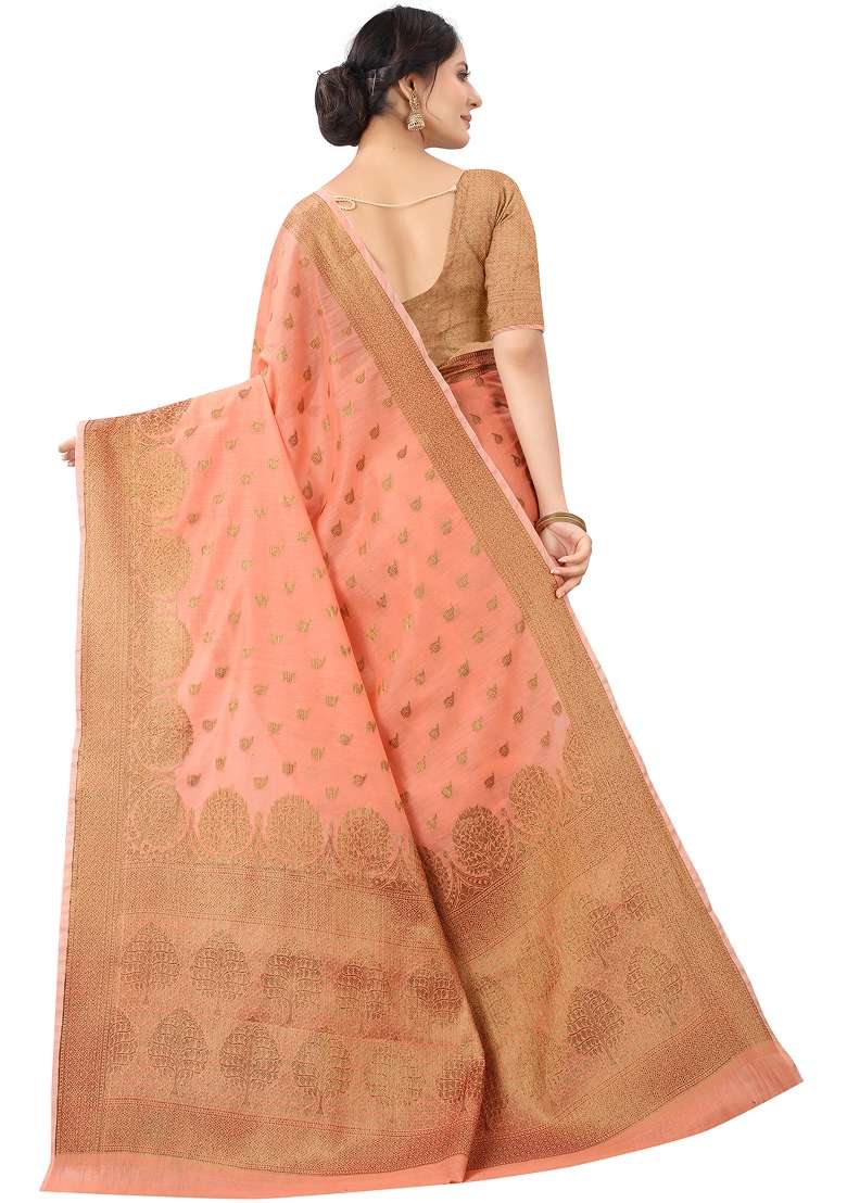 Coral Orange Motif Silk Blend Saree Set - Indya