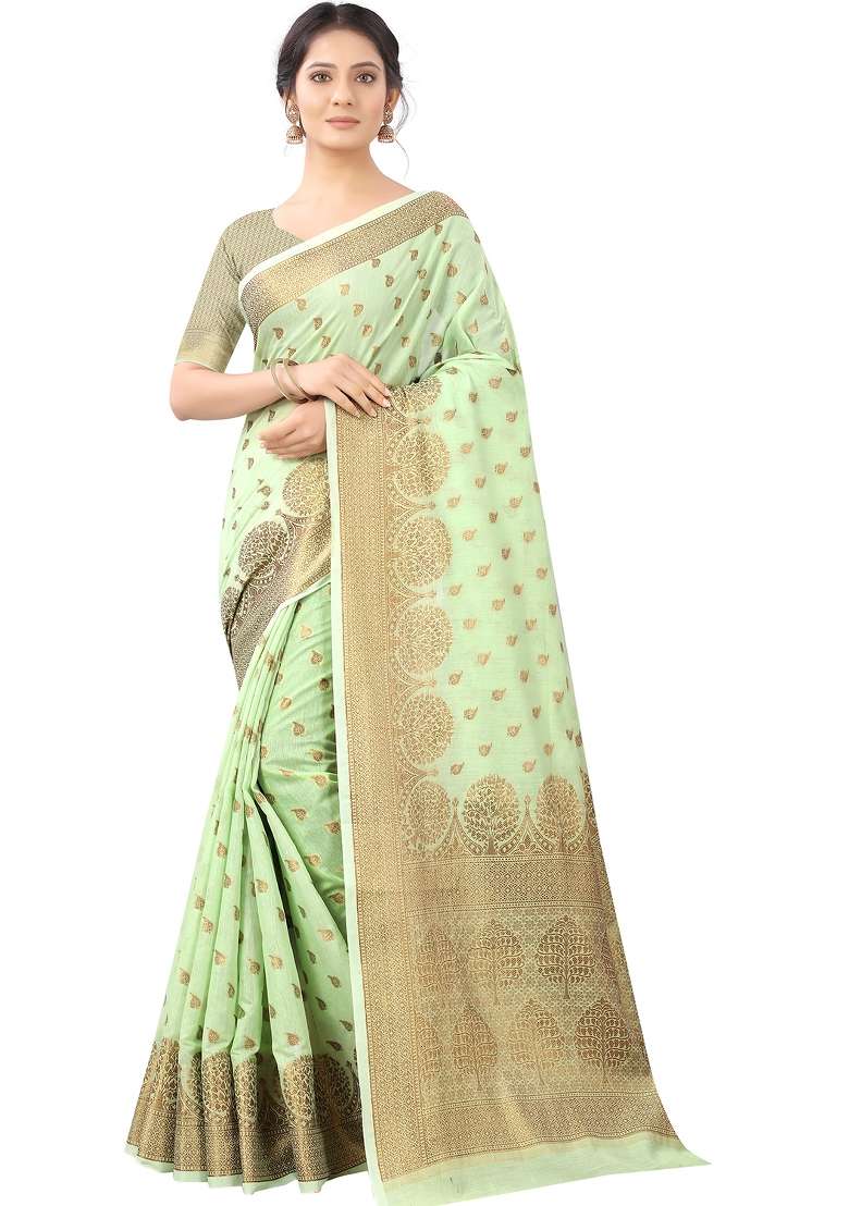 Sea Green Motif Silk Blend Saree Set - Indya