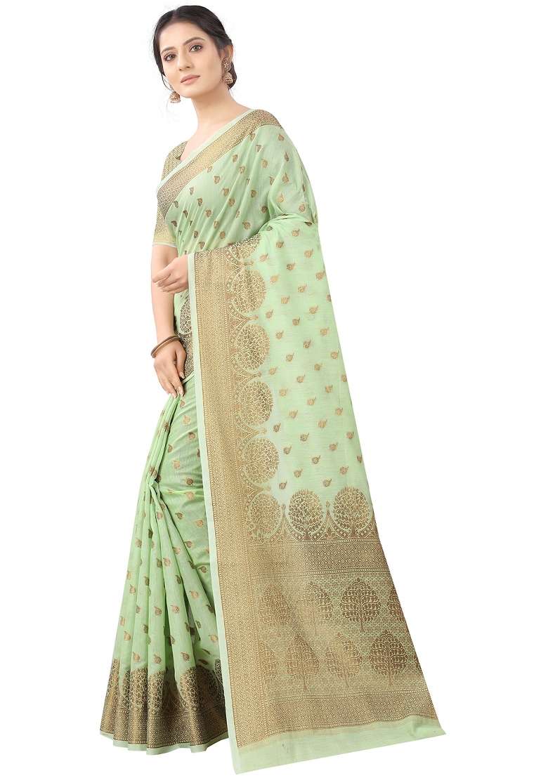 Sea Green Motif Silk Blend Saree Set - Indya