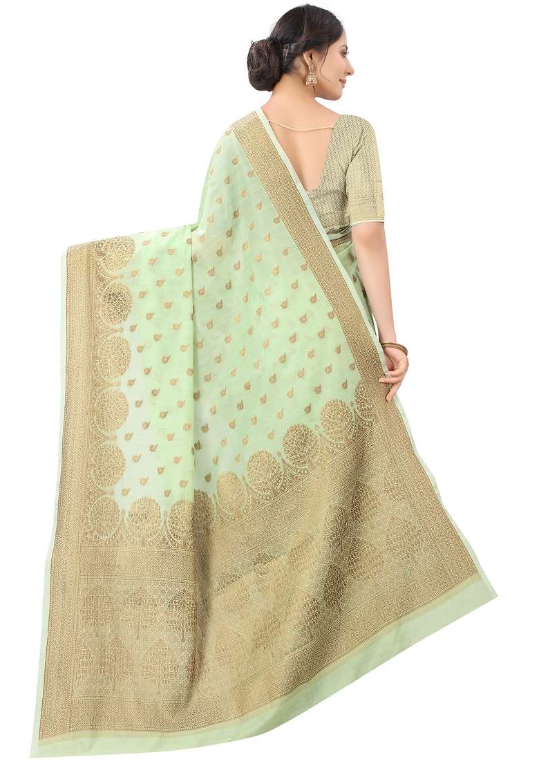 Sea Green Motif Silk Blend Saree Set - Indya