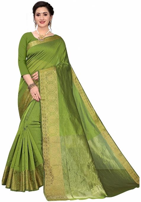 Olive Green Motif Silk Saree Set