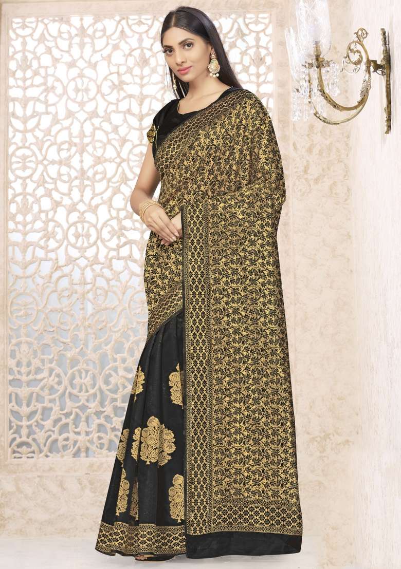 Black Motif Silk Blend Saree Set - Indya