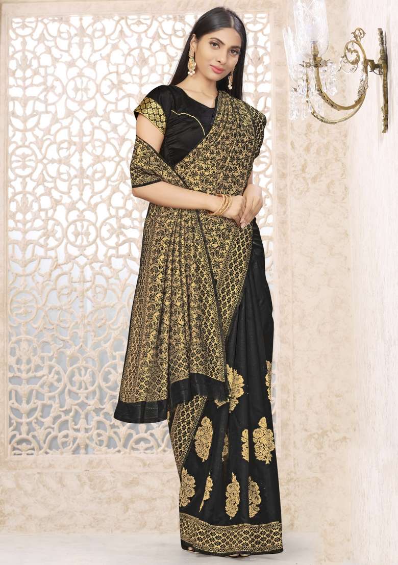 Black Motif Silk Blend Saree Set - Indya