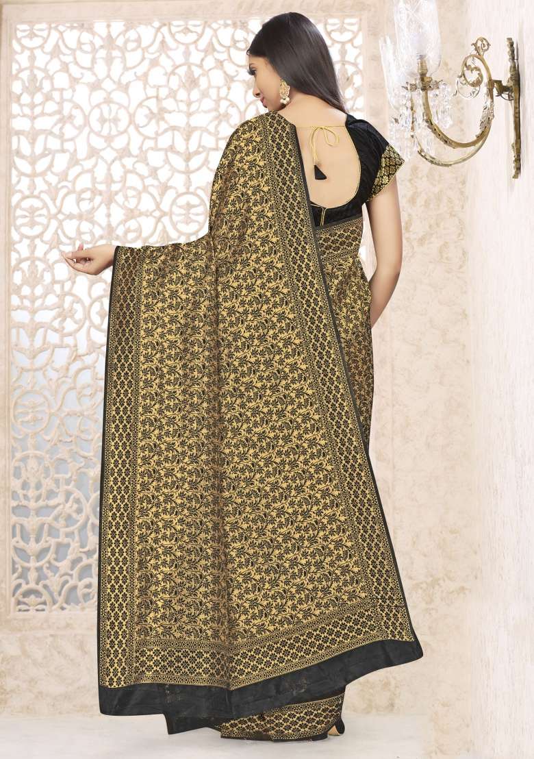 Black Motif Silk Blend Saree Set - Indya