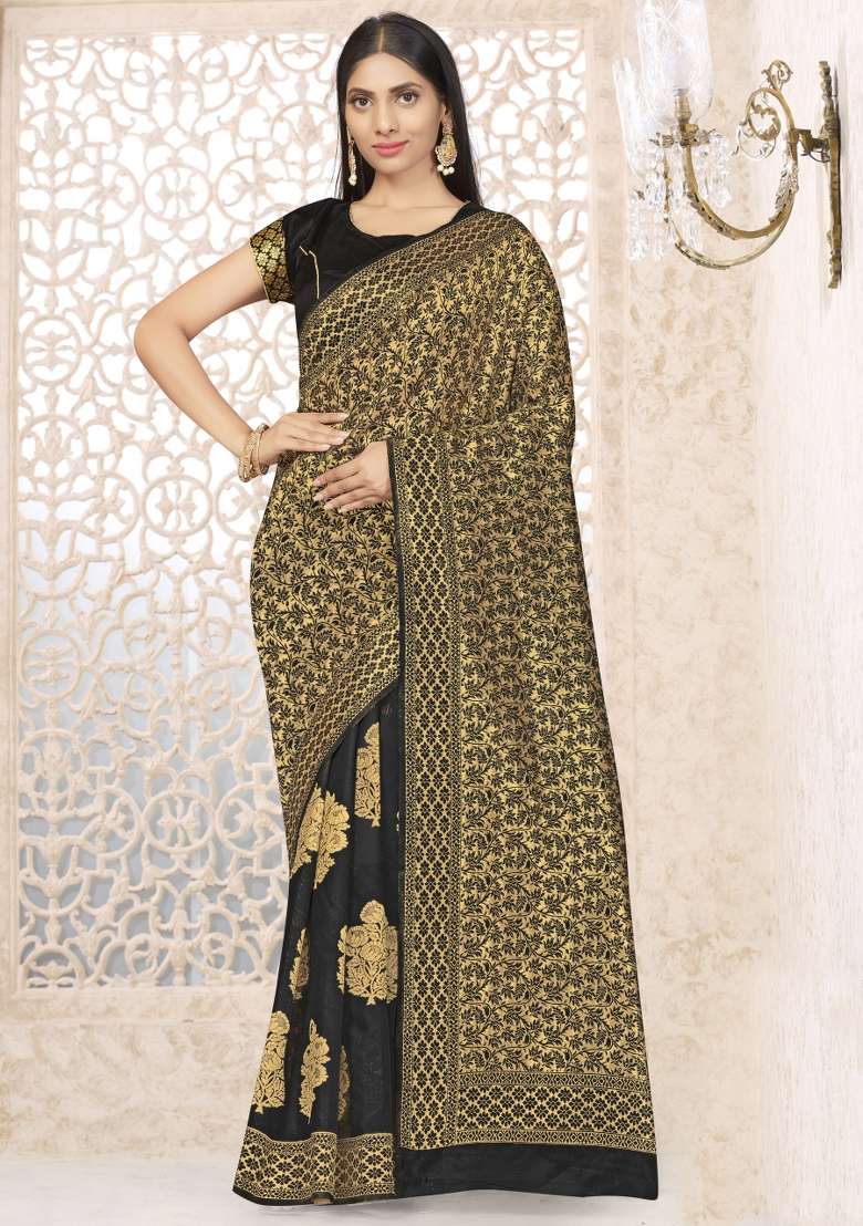 Black Motif Silk Blend Saree Set - Indya