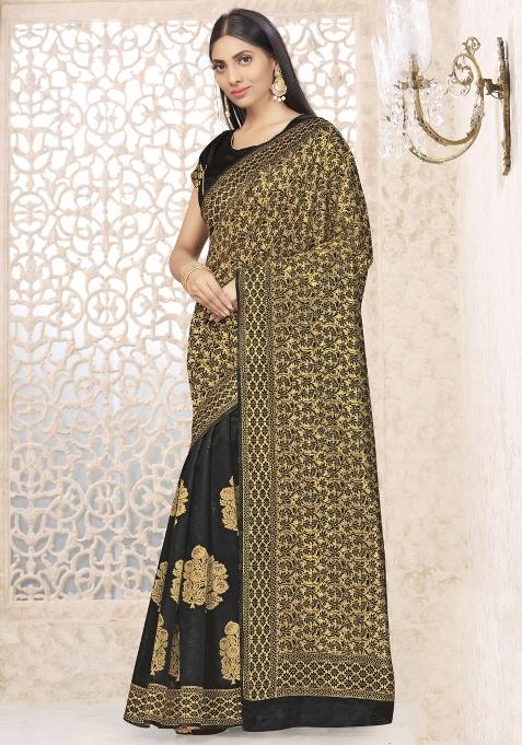 Black Motif Silk Saree Set