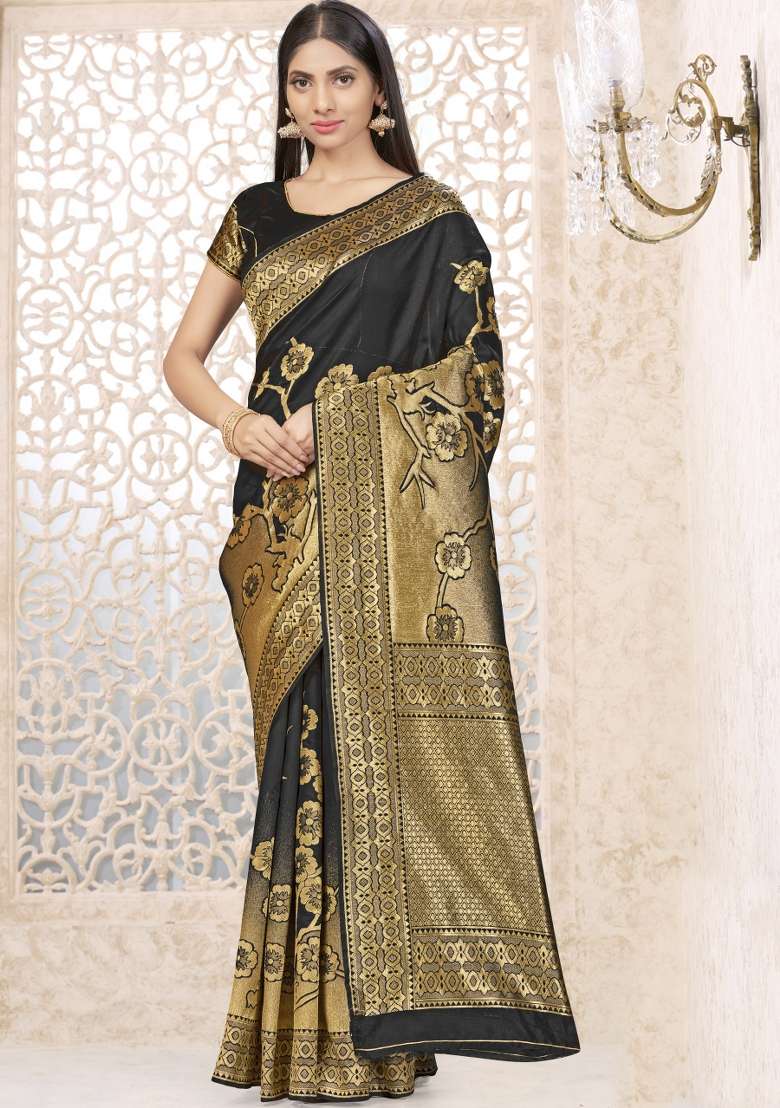 Black Motif Silk Blend Saree Set - Indya