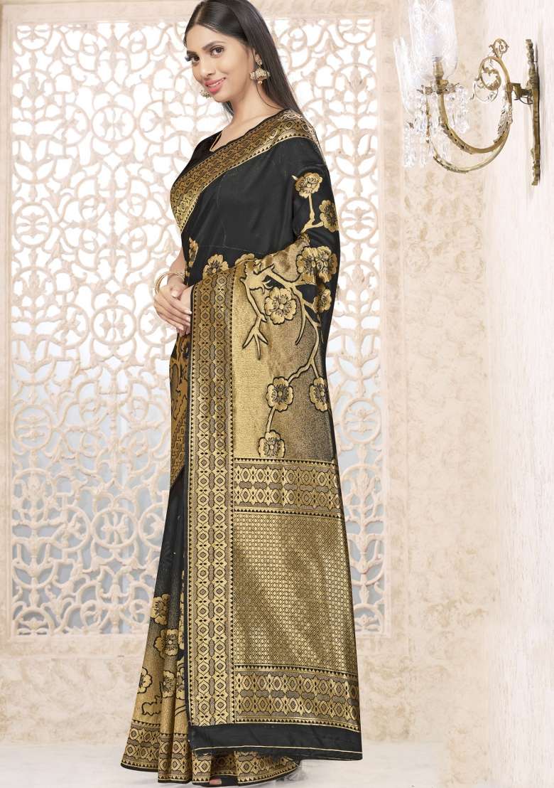 Black Motif Silk Blend Saree Set - Indya