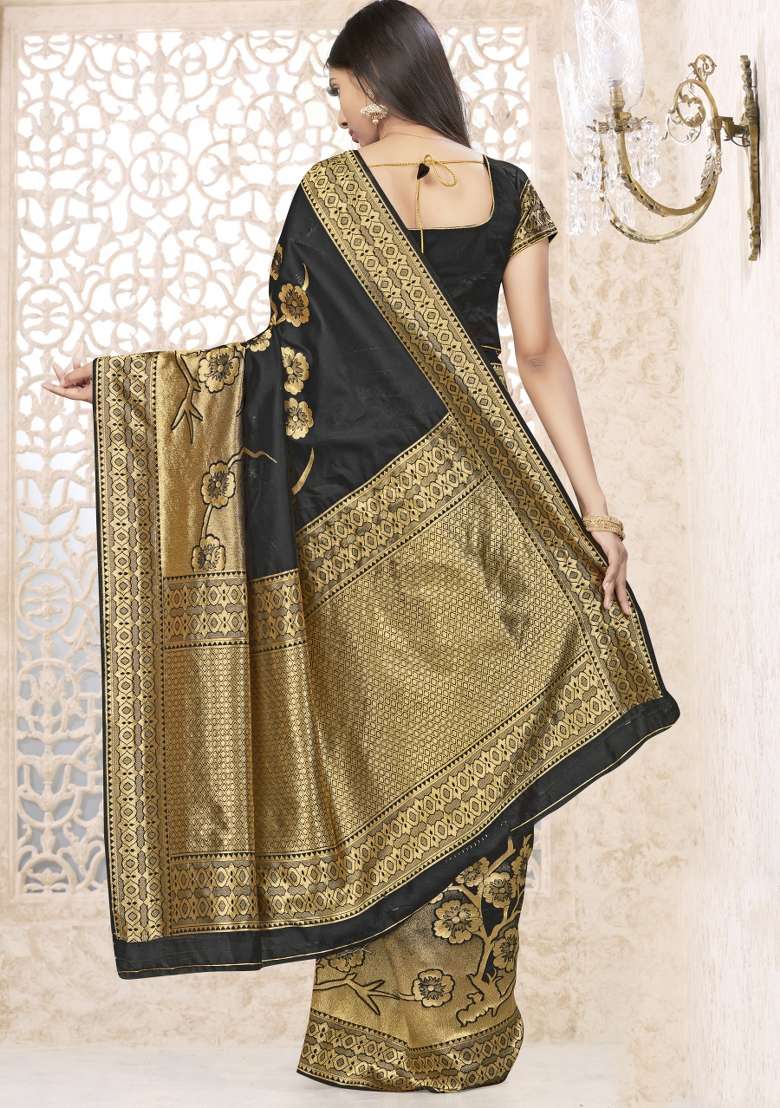 Black Motif Silk Blend Saree Set - Indya