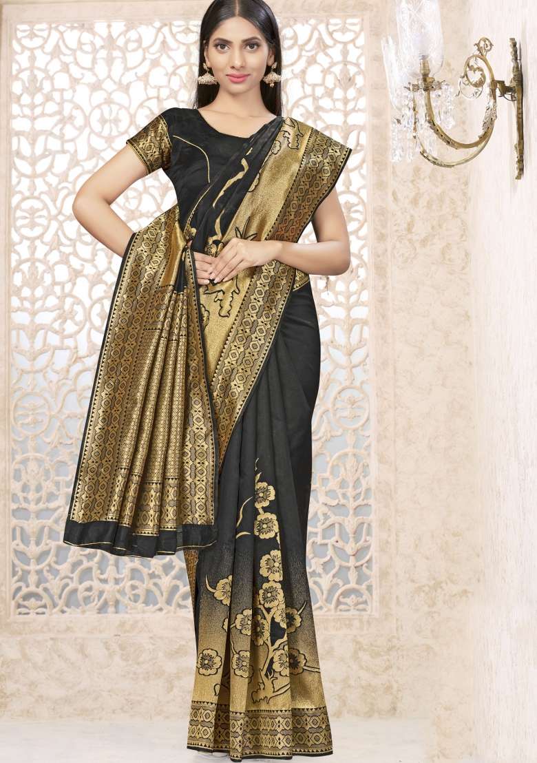 Black Motif Silk Blend Saree Set - Indya