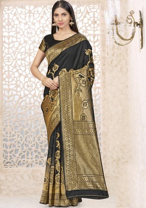 Black Motif Silk Saree Set