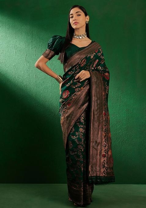 Bottle Green Motif Silk Saree Set