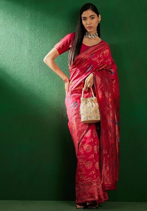 Pink Motif Silk Saree Set
