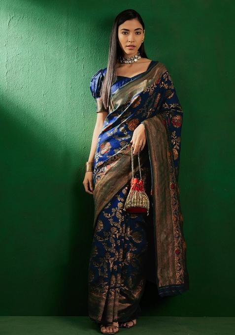 Navy Blue Motif Silk Saree Set