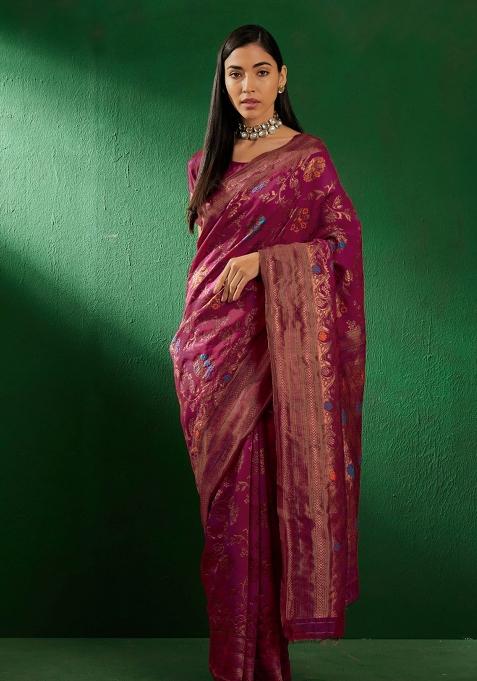 Burgundy Motif Silk Saree Set