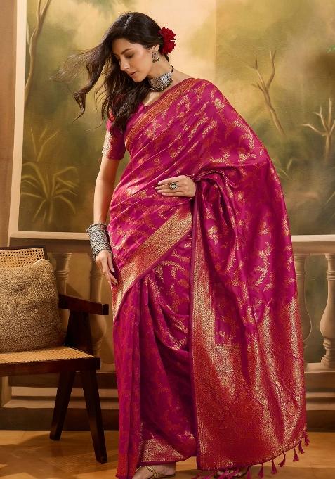 Pink Motif Jacquard Saree Set