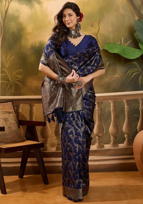 Navy Blue Motif Jacquard Saree Set
