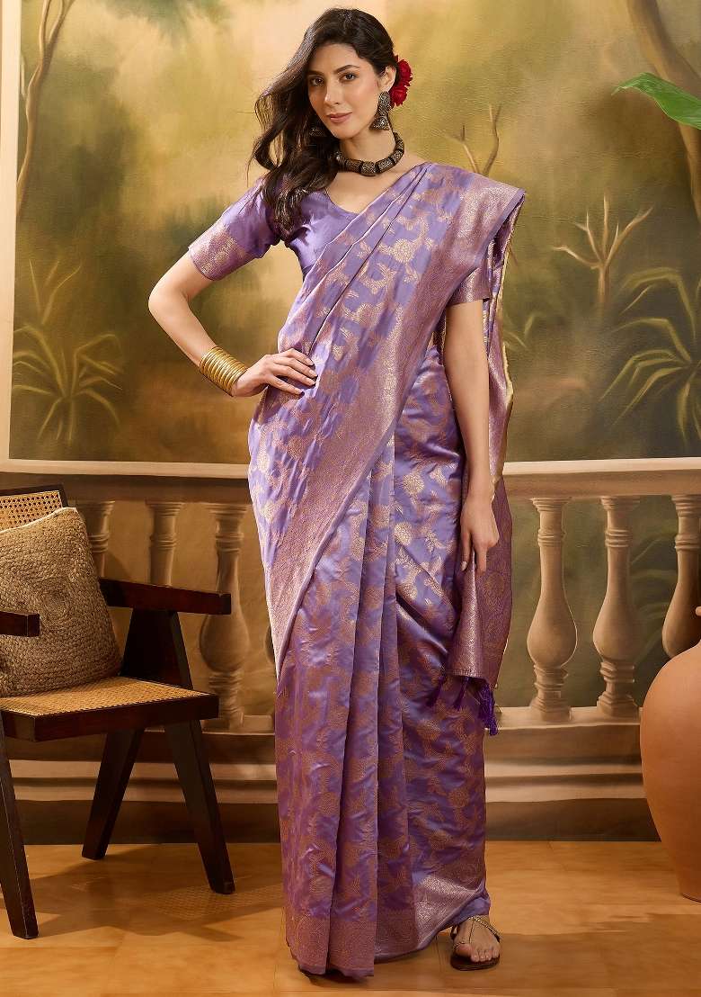 Lavender Motif Jacquard Saree Set - Indya