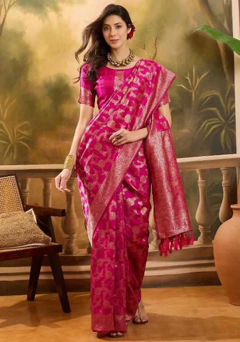 Pink Motif Jacquard Saree Set