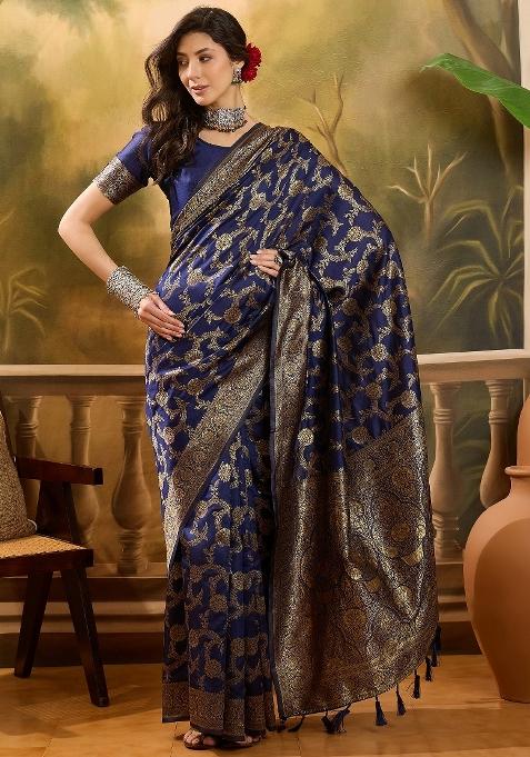 Navy Blue Motif Jacquard Saree Set