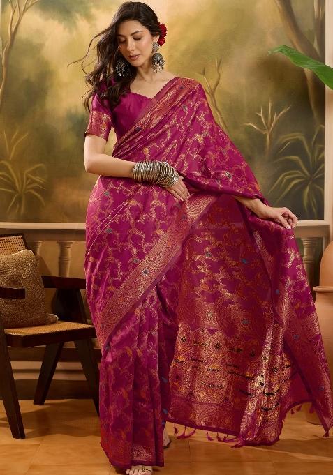 Magenta Motif Jacquard Saree Set