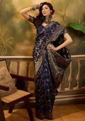 Navy Blue Motif Jacquard Saree Set