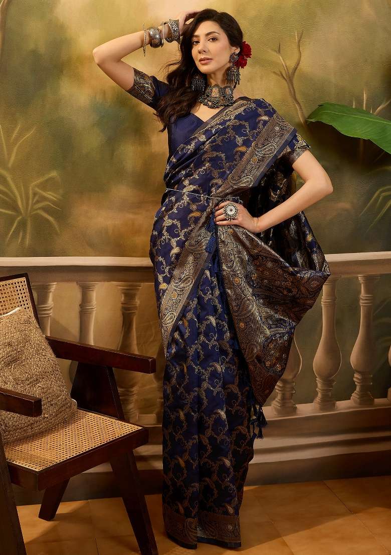 Navy Blue Motif Jacquard Saree Set - Indya