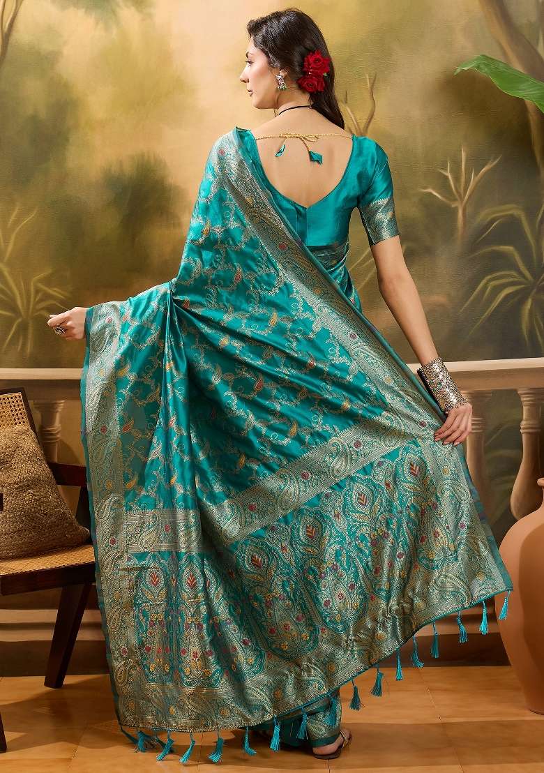 Sky Blue Motif Jacquard Saree Set - Indya